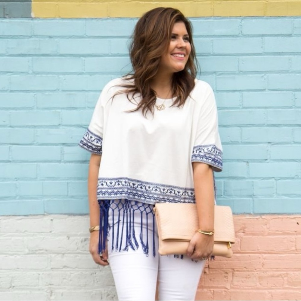 Stylus Dolman Sleeve Embroidered Fringe Boho Poncho Pullover Blouse Top White M